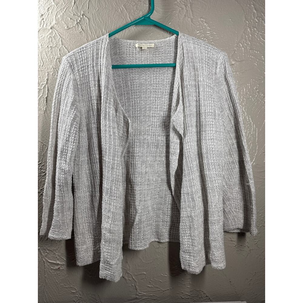 Eileen Fisher 100% Linen Open Ribbed Cardigan Beige Knit Sweater 3/4 Sleeve Sz S